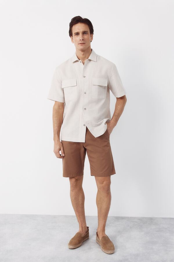 Cortefiel Plain linen cotton bowling collar shirt Beige