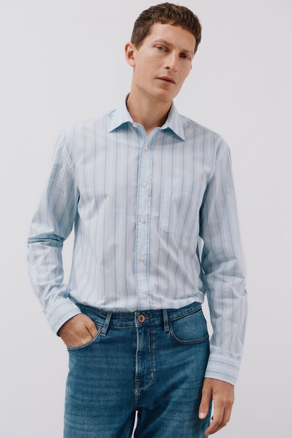 Cortefiel Striped poplin shirt Blue
