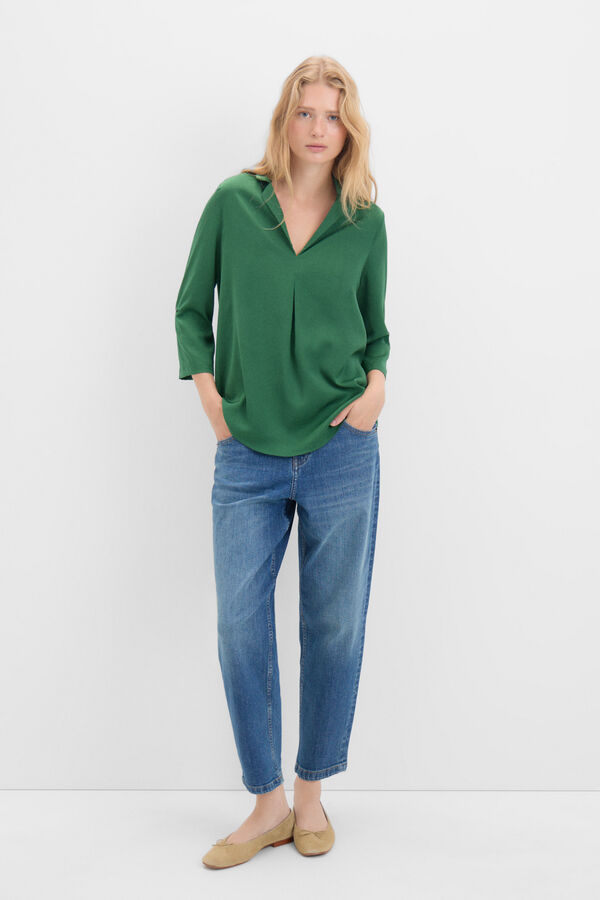 Cortefiel Satin blouse with lapel collar Dark green