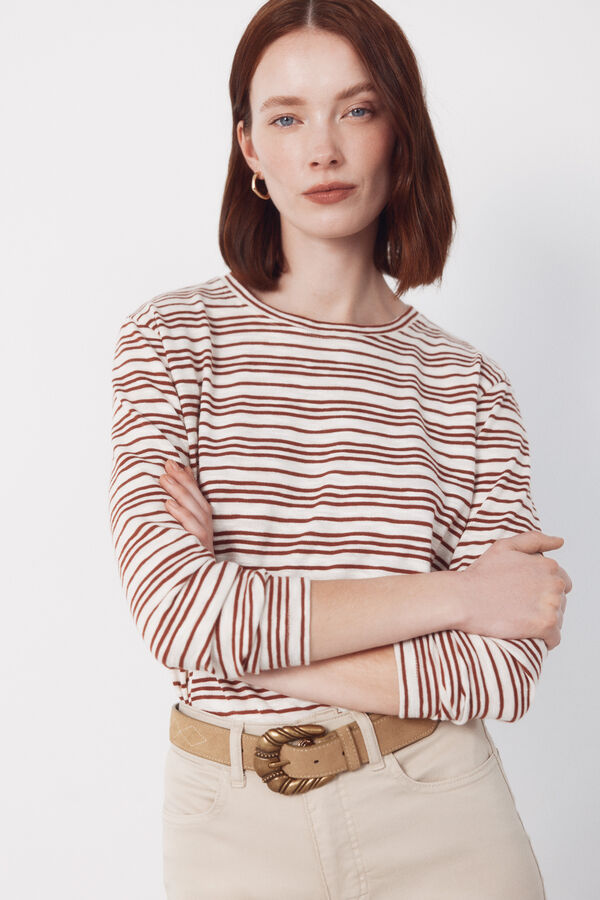 Cortefiel Striped linen -effect t-shirt Pink