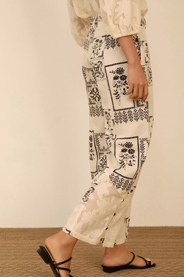Meisie Printed two-fabric trousers Printed white