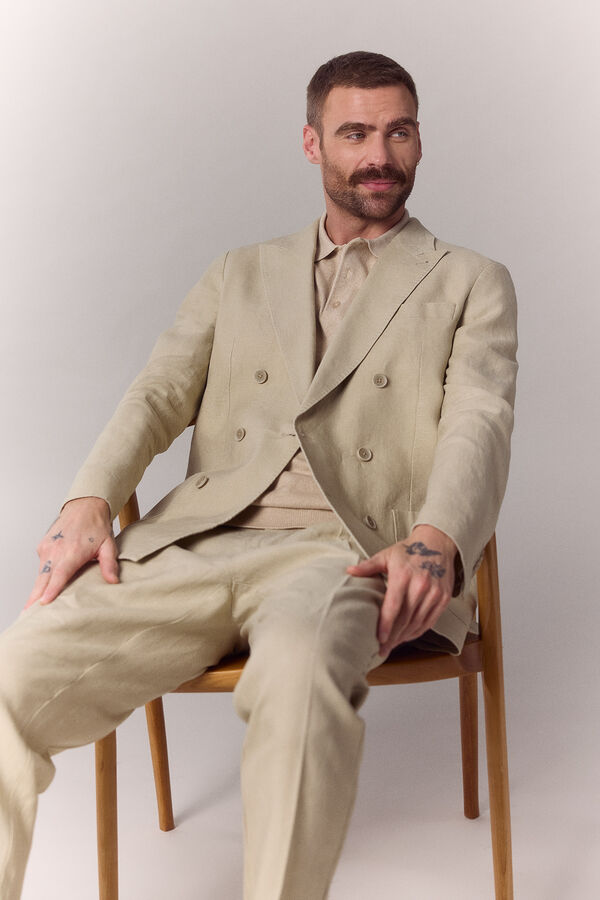 OOTO Cal&ccedil;a de fato coordenado em linho Tostado