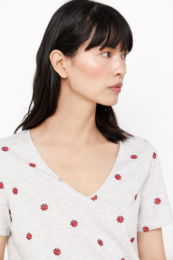 Cortefiel Embroidered floral T-shirt Grey