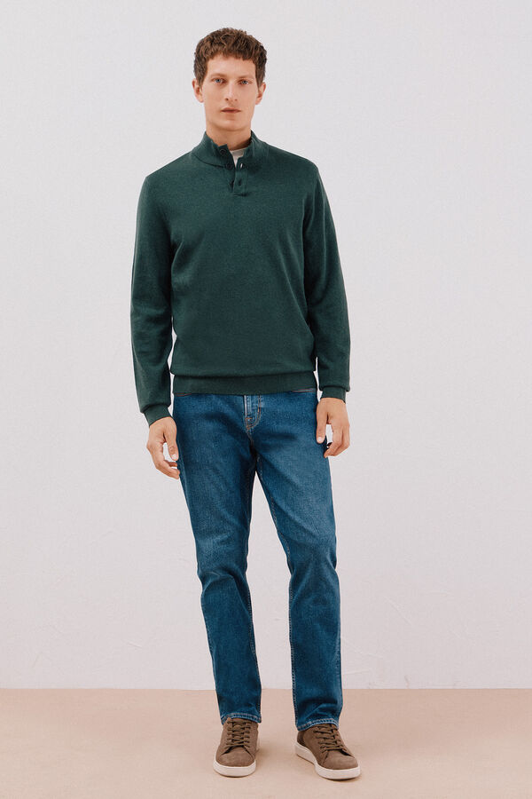 Cortefiel Cotton/silk cashmere high neck jumper Dark green