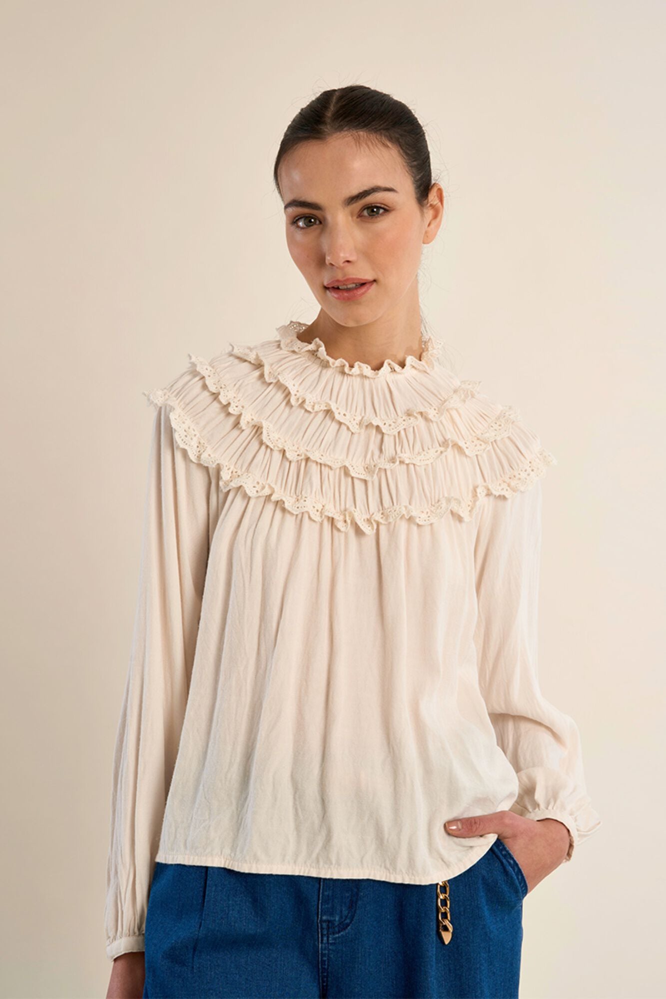 Molly Bracken Blusa de manga comprida com folhos