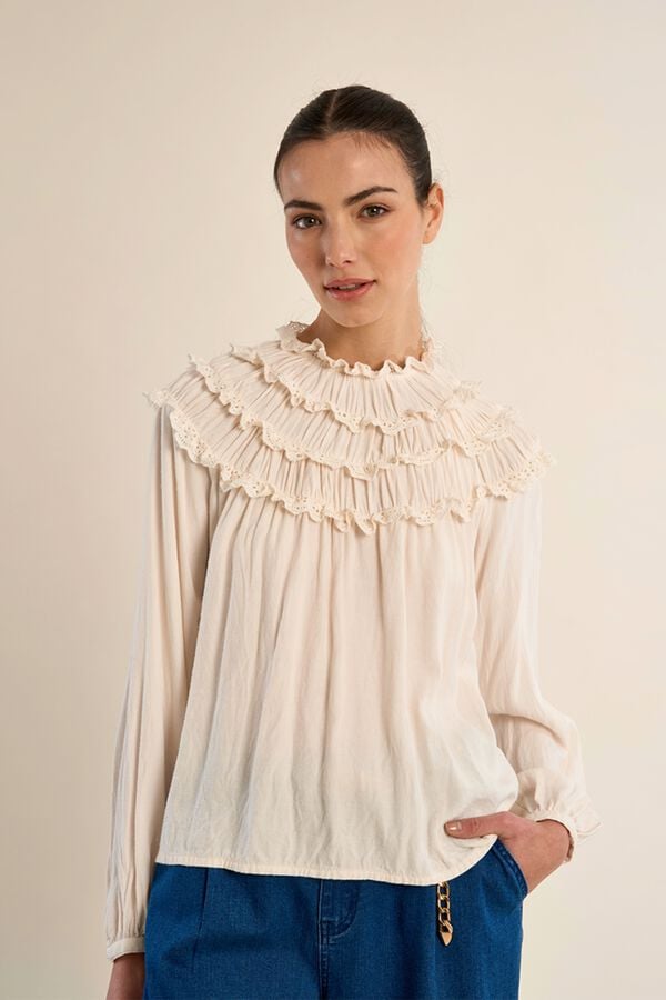 Molly Bracken Blusa de manga comprida com folhos Tostado
