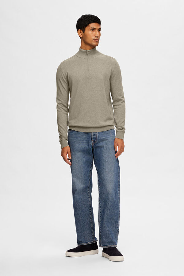 Selected Knitted pullover with half zip 100% cotton Green
