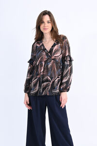 Cortefiel Printed blouse with long ruffled sleeves Black