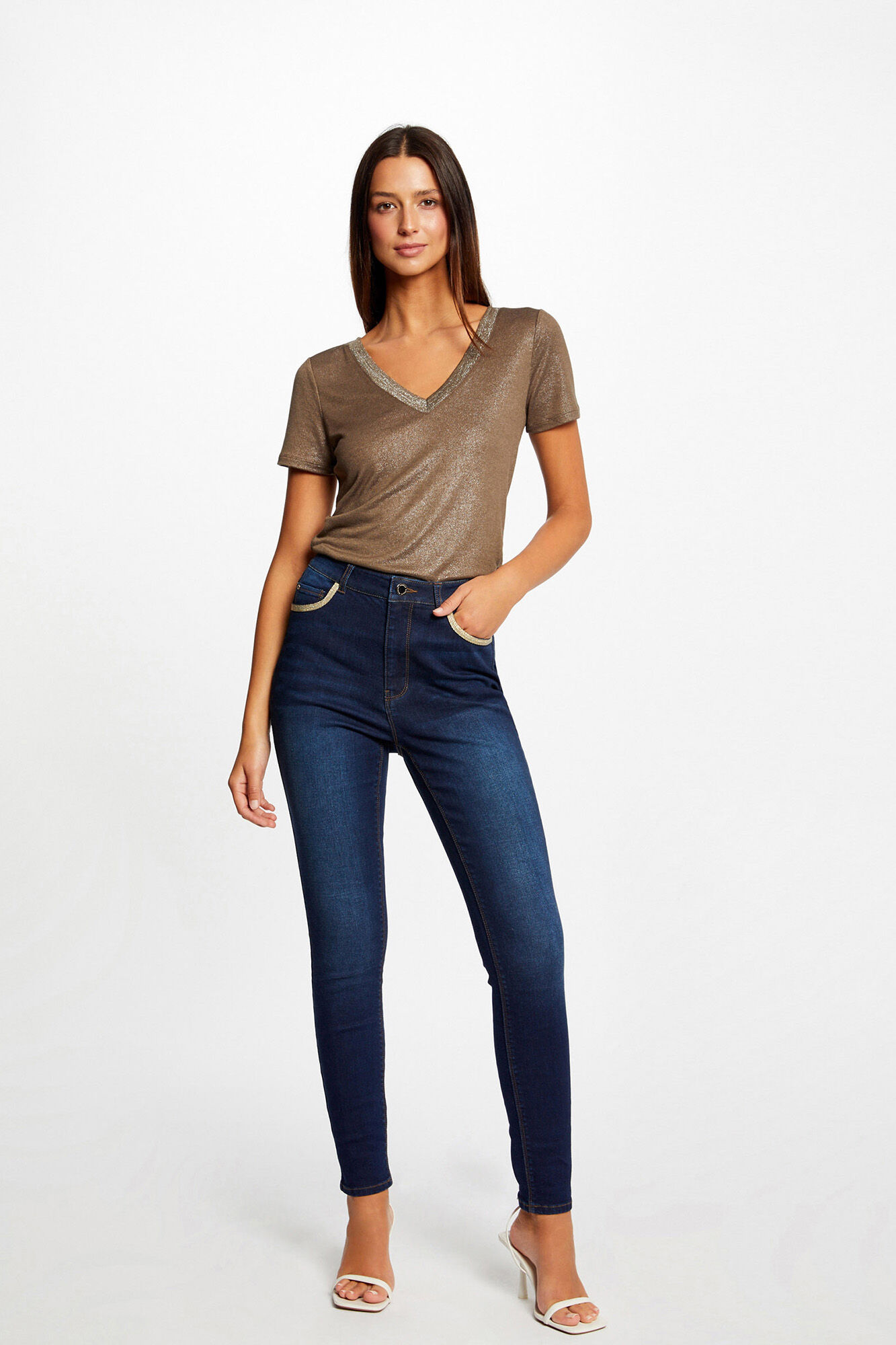 Vaquero skinny con bandas metalizadas