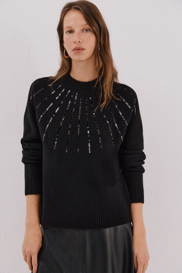 Cortefiel Jersey delantero lentejuelas. Preto