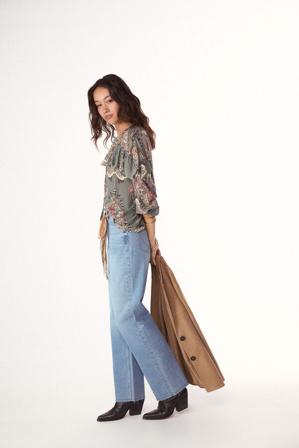 Slowlove Blusa estampada volante Estampado azul