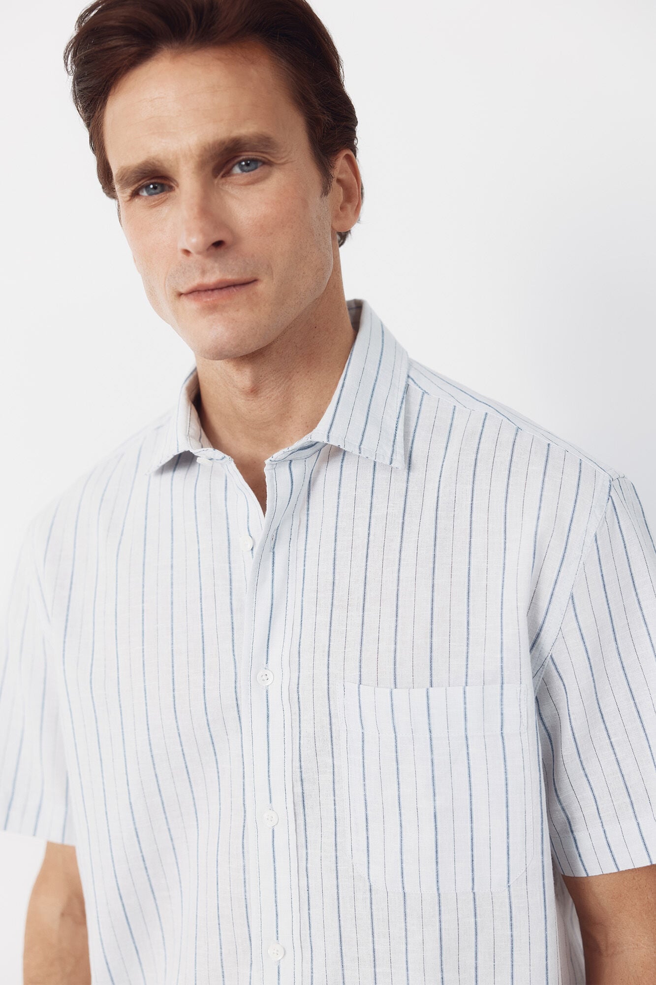 Cortefiel Striped cotton linen short sleeve shirt