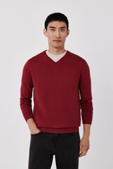 Cortefiel Cotton cashmere knit V-neck jumper Maroon