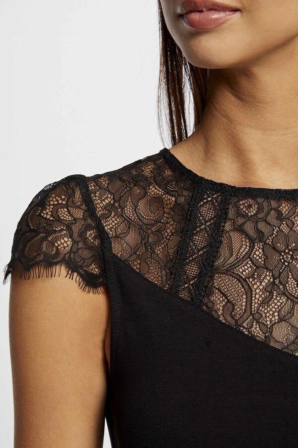 Morgan T-shirt manga curta com renda Preto