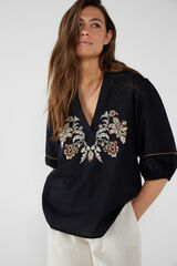 Cortefiel Embroidered cotton blouse Black
