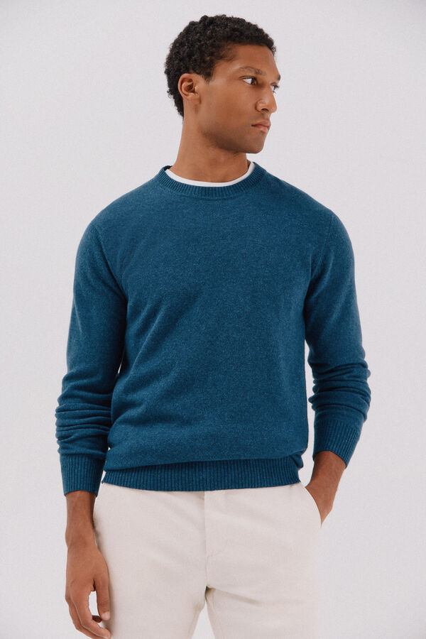 Cortefiel Lambswool jumper with round neck Blue