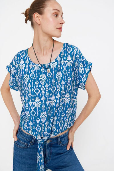 Cortefiel Short-sleeved round-neck blouse Printed blue