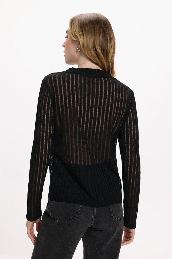 Vila Top de manga comprida com transpar&ecirc;ncias Preto