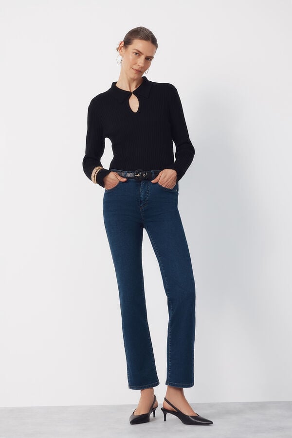 Cortefiel Jersey-knit keyhole polo shirt Black