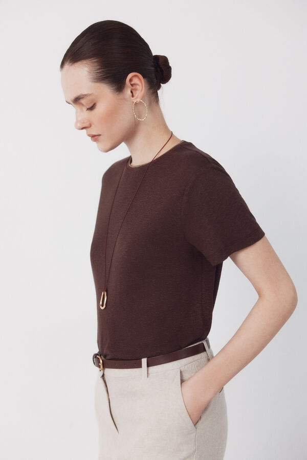 Cortefiel Linen -shirt with lurex neckline Dark brown