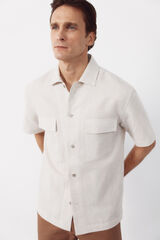 Cortefiel Plain linen cotton bowling collar shirt Beige