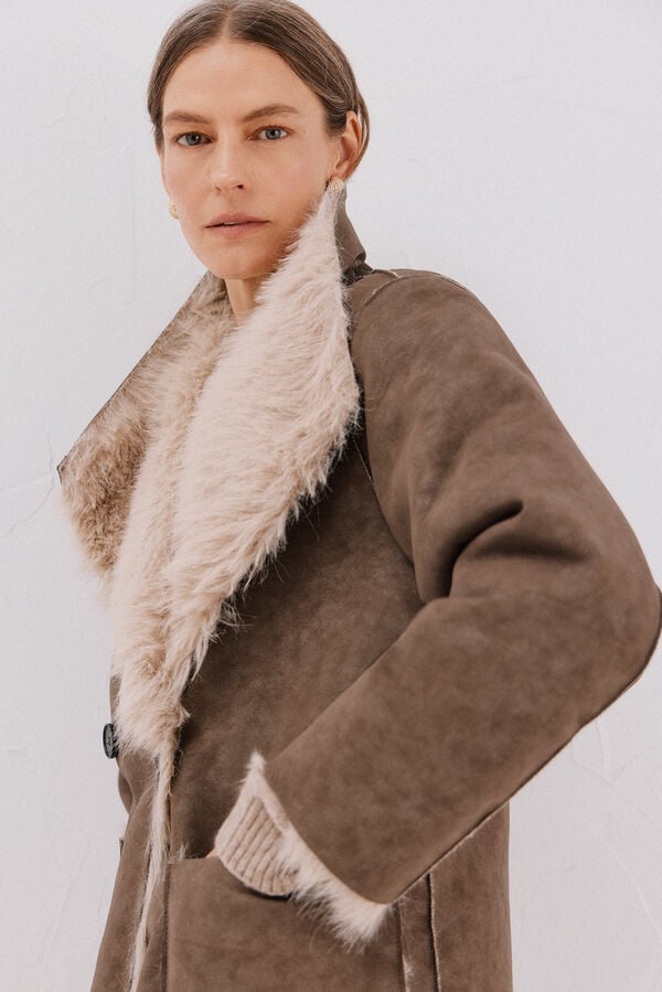 Cortefiel Sobretudo de pele longo reversível Castanho