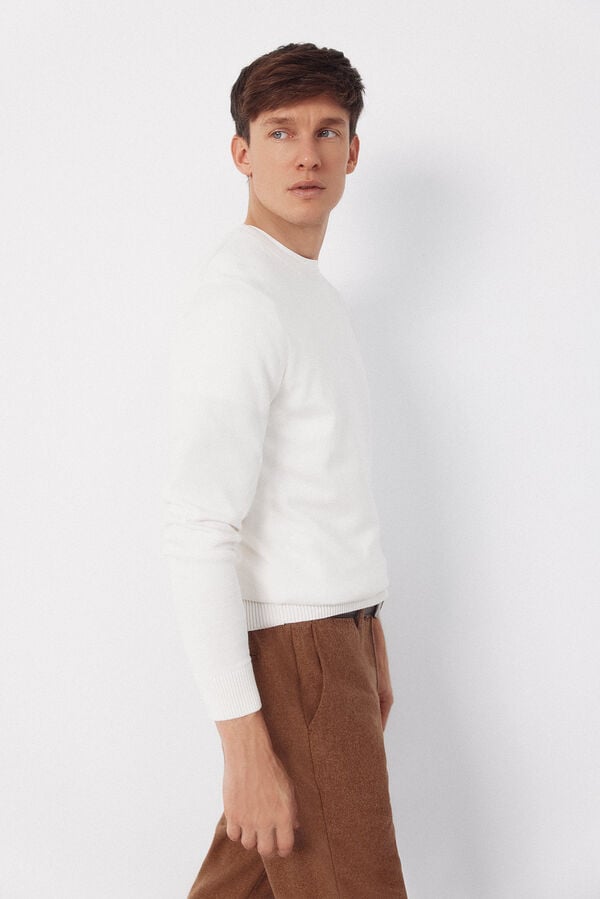 Cortefiel Basic cotton knit round neck jersey-knit Ivory