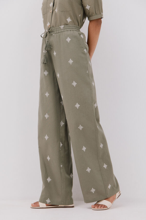 Cortefiel Calças fluidas bordadas Verde