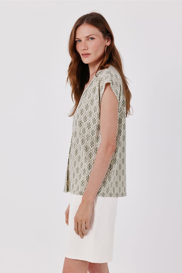 Cortefiel V-neck T-shirt with lace detail Printed white