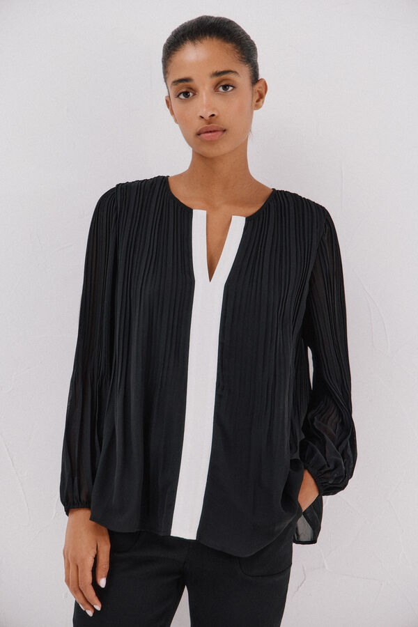 Cortefiel Contrast pleated blouse Black