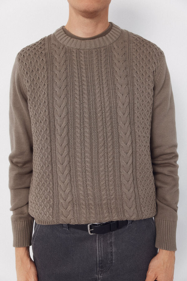 Cortefiel Cable knit round neck jersey-knit  Kaki