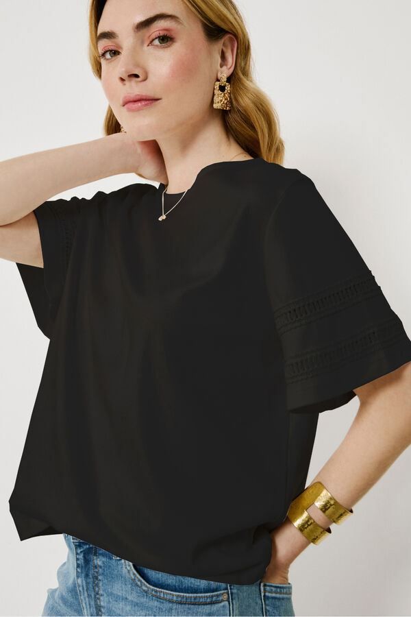 Vila organic cotton T-shirt with openwork Black