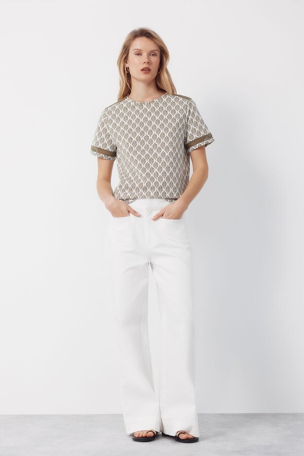 Cortefiel Hemstitch detail t-shirt Printed green