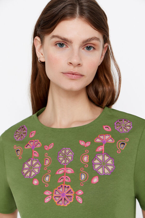 Cortefiel Multicoloured embroidered T-shirt Green