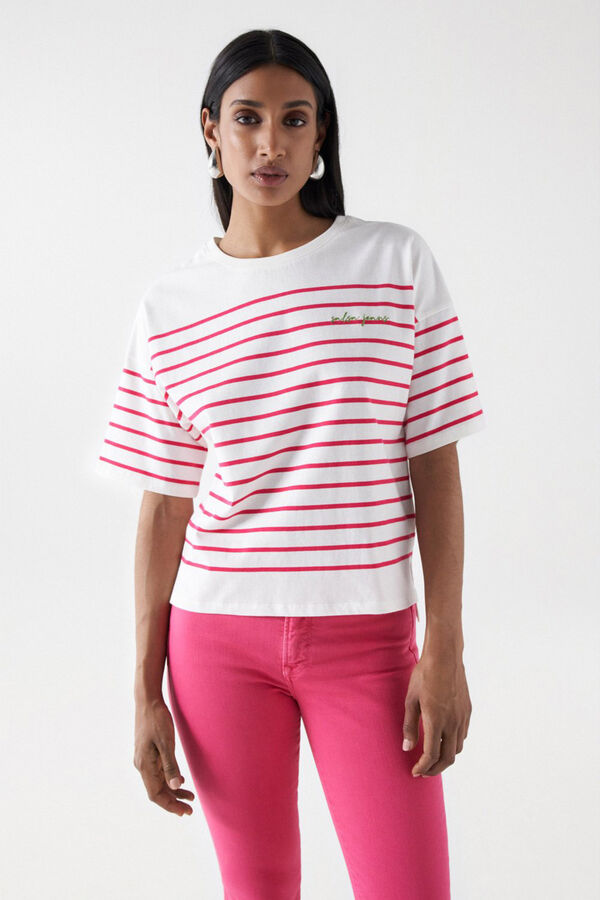 Cortefiel Camiseta de rayas con branding Rosa