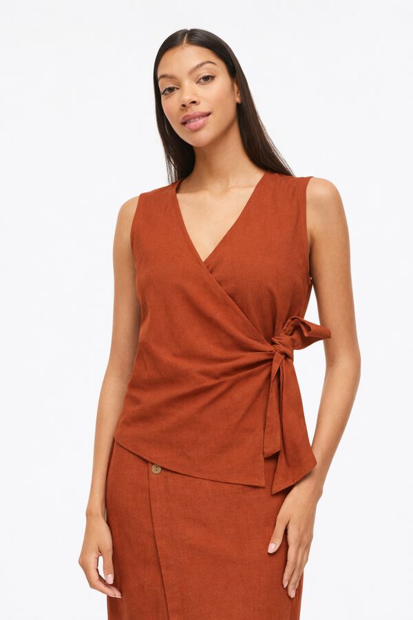 Vila Top cruzado em linho com la&ccedil;ada Vermelho