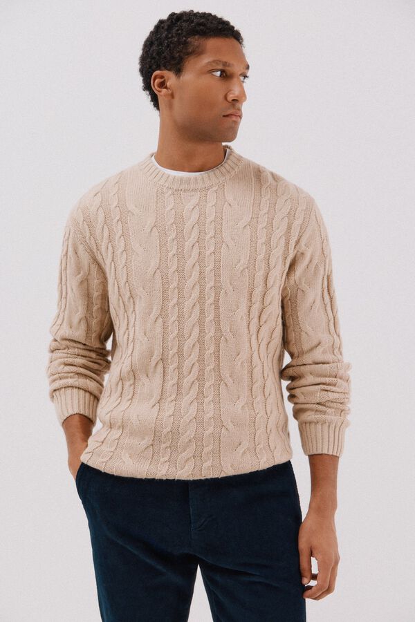 Cortefiel Jersey lana trenzado cuello caja Beige