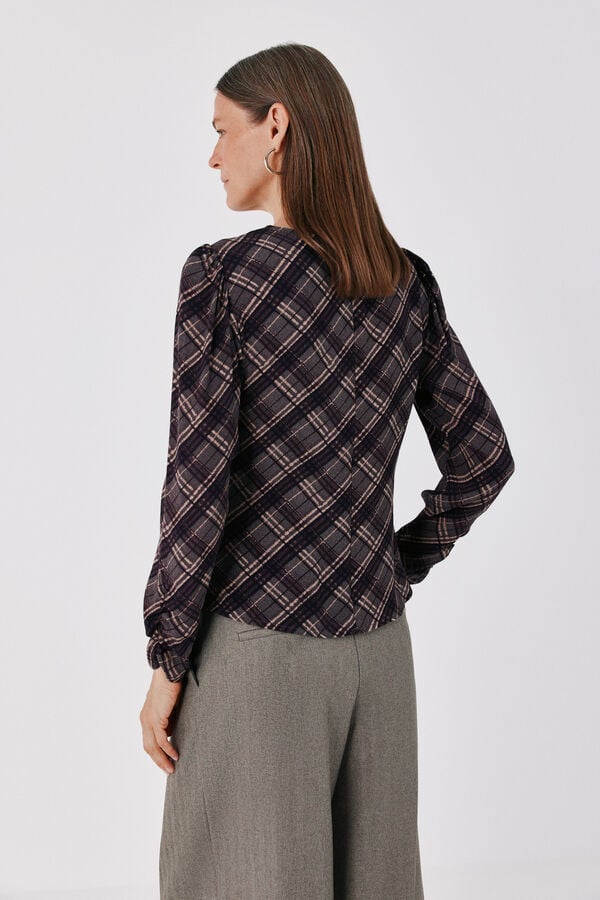 Cortefiel Fitted checked ruffle blouse Printed grey