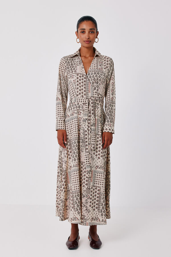 Cortefiel Printed wrap shirt dress Printed beige