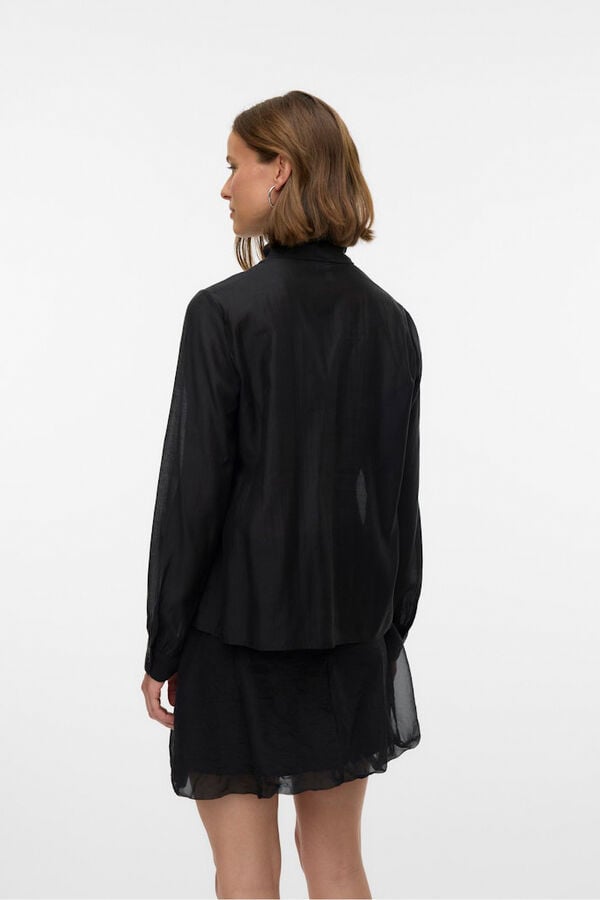 Vero Moda Blusa feminina de manga comprida com laço no gola  Preto