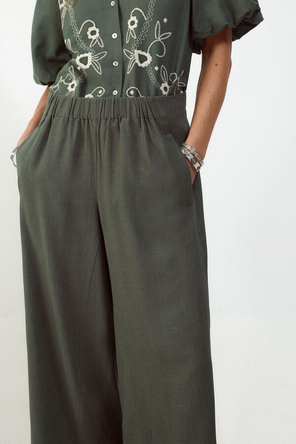 Slowlove Pantal&oacute;n ancho de lino lavado Verde