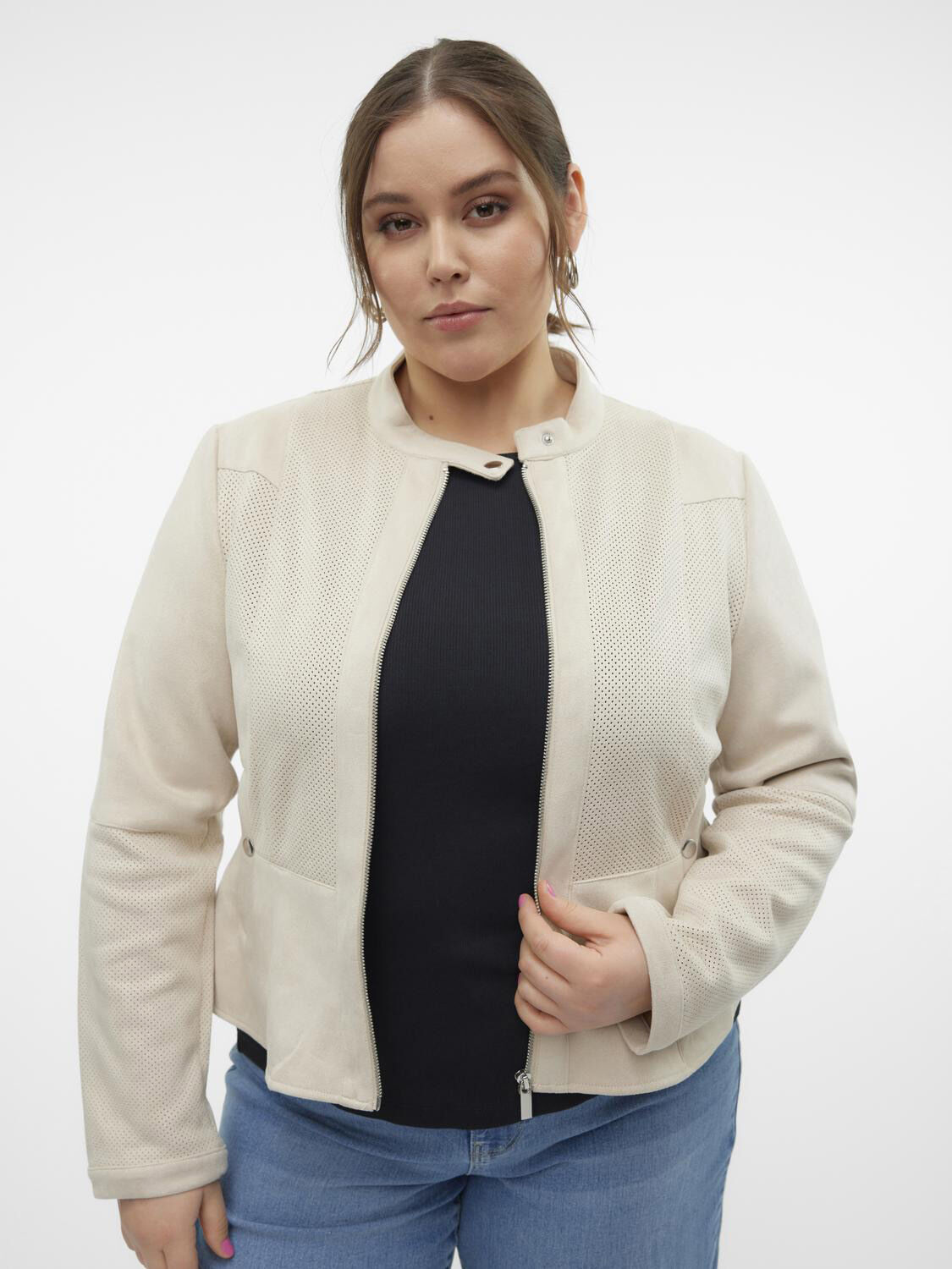 Plus size faux suede peplum jacket Women s jackets Cortefiel