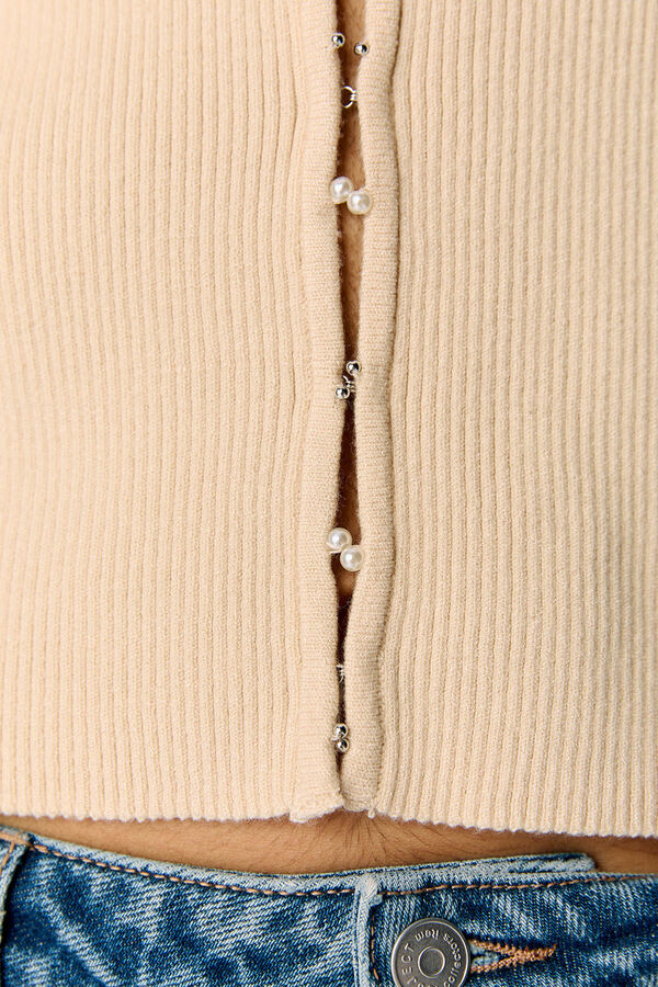Object Cardigan canelado com detalhe de pérola Cinzento