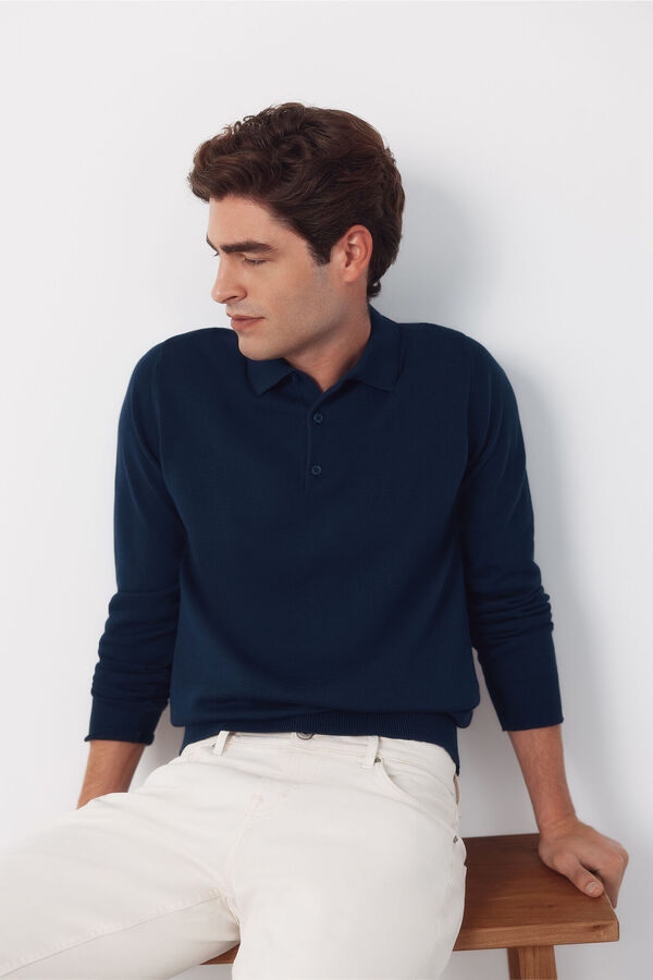 Cortefiel Camisa polo de algod&atilde;o de manga manga comprida Azul
