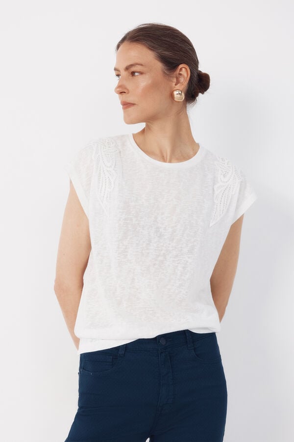 Cortefiel Linen -effect patchwork t-shirt White