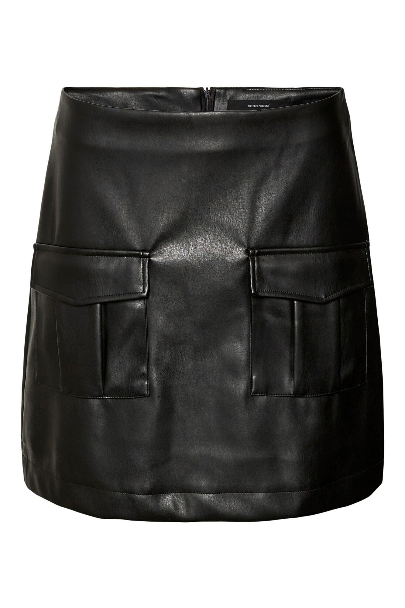 Short black leather deals skirt with zip