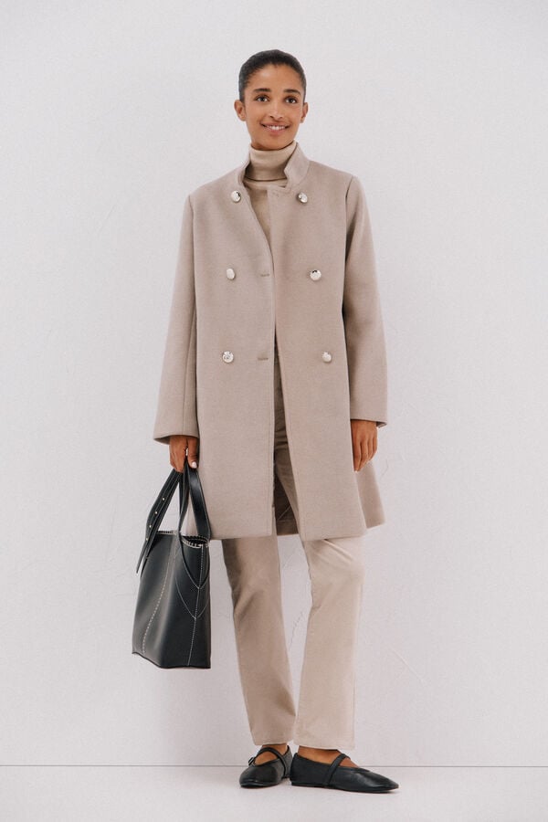 Cortefiel Double-breasted coat with gold buttons Nude