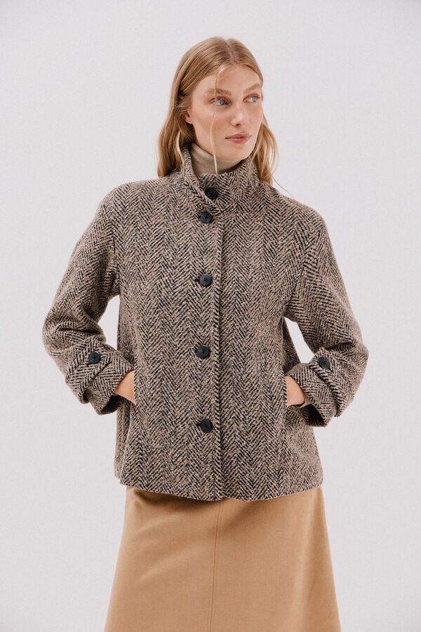 Cortefiel Short structured fabric coat Printed beige