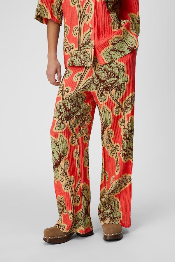Cortefiel Printed wide leg Ecovero trousers Red