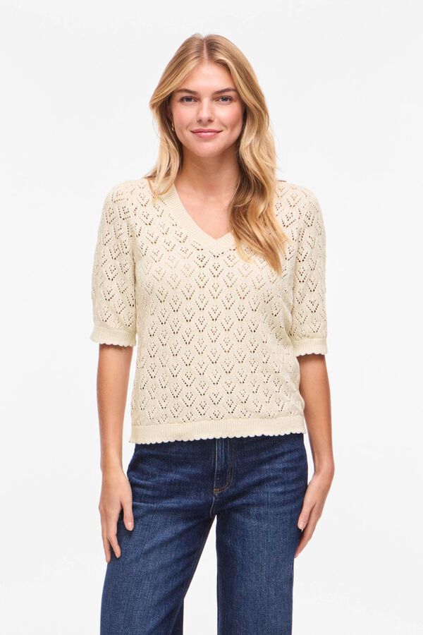 Vila Cotton openwork knit top Beige